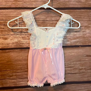 Vintage Romper 18M Baby Handstands Pink White Lace Outfit Jumper Flowers